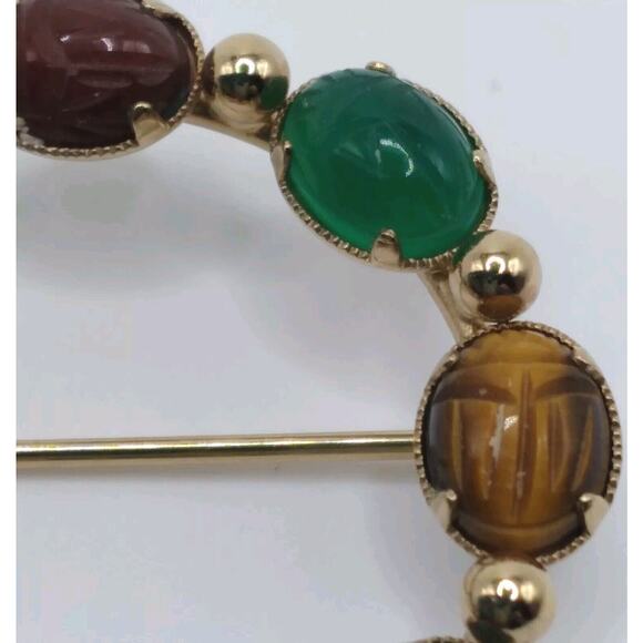 K L Brooch Egyptian Revival Style Scarab Shape Stones Marked 12K G. F. Goldtone - Picture 2 of 8